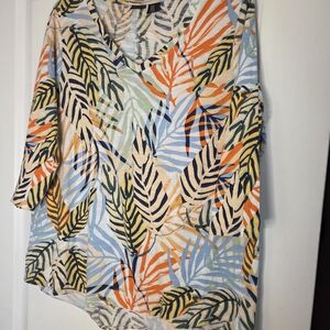 Tahari Multicolor Leaf Print V-Neck Blouse SZ 1X Preloved